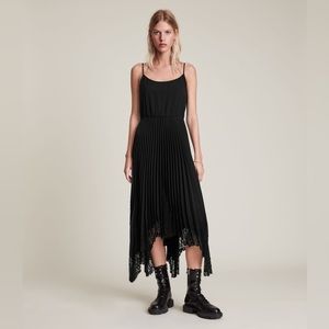 ALLSAINTS Black Dress with Spaghetti Straps and Pleated Lace Skirt